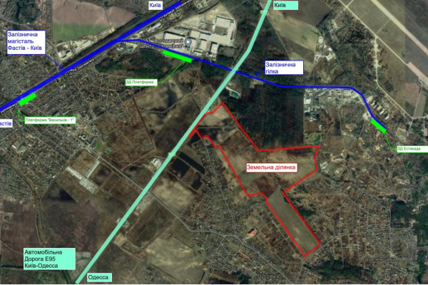 Продаж ділянки 122 га з фасадом на трасу E40 в 20 км від Києва